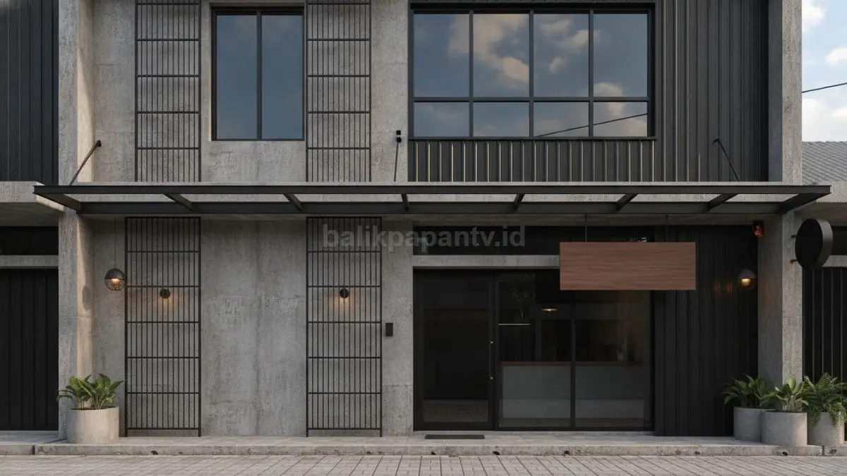 Ruko minimalis industrial dengan beton ekspos, besi modern, dan karakter usaha yang kuat. (BTV/AI)
