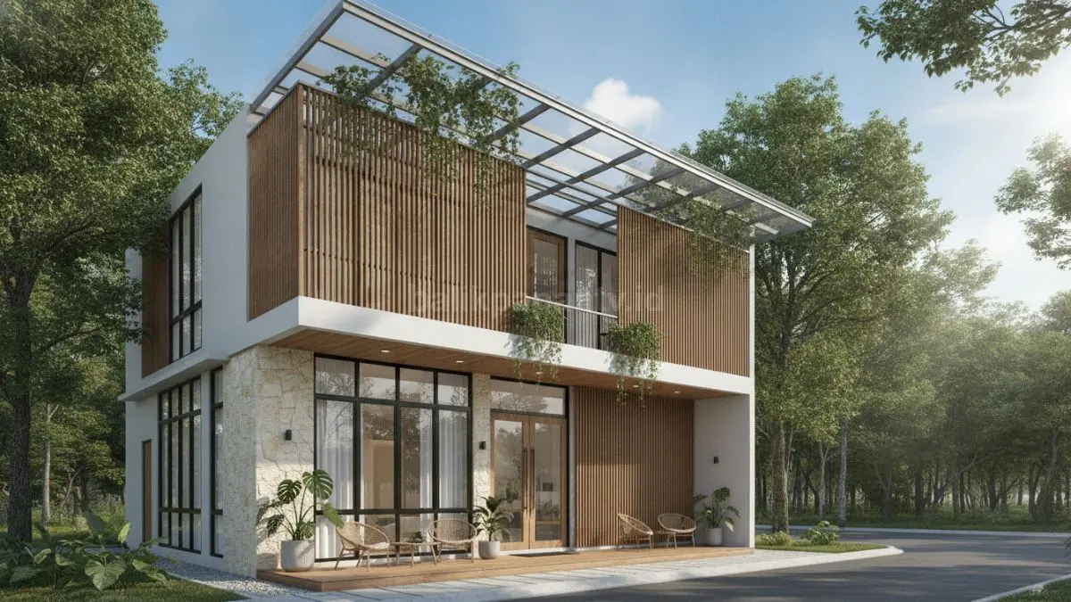 Ruko tropis minimalis dengan ventilasi optimal, kanopi modern, dan suasana ruang yang nyaman. (BTV/AI)
