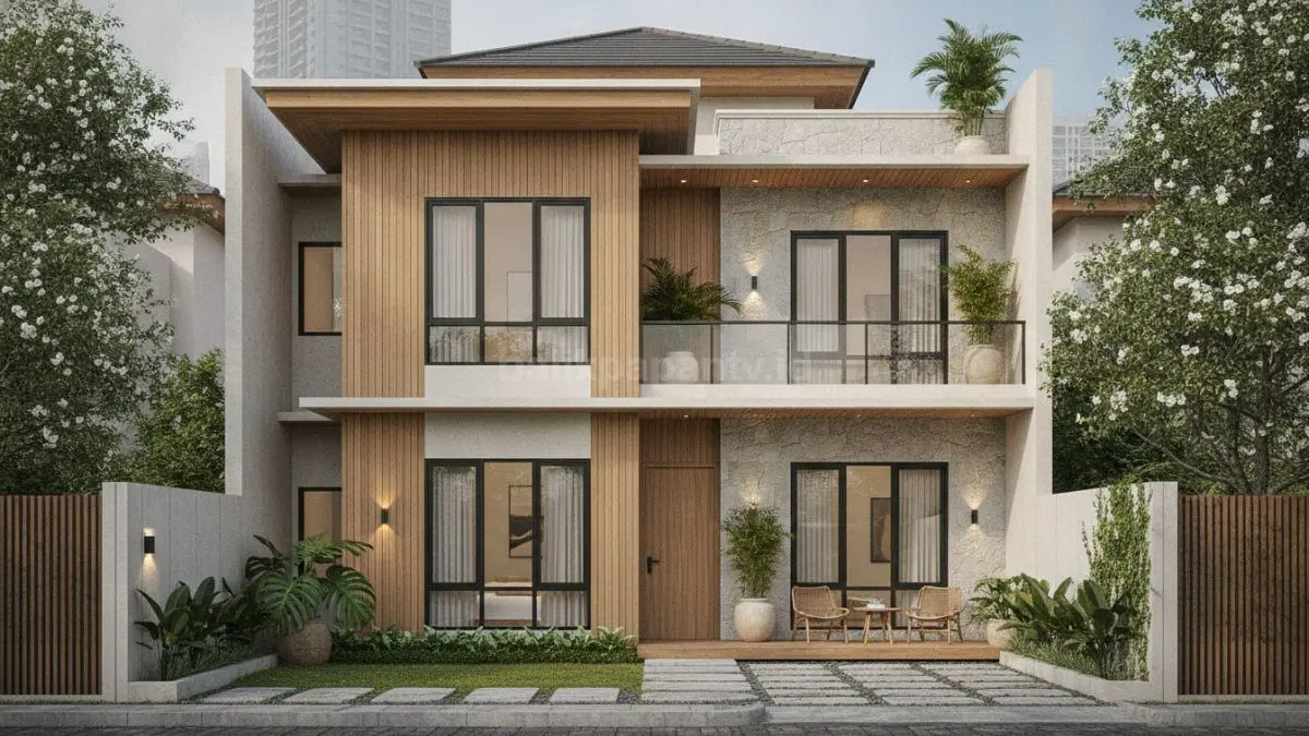Rumah 3 lantai bergaya Japandi dengan desain sederhana, fungsional, dan suasana tenang nan hangat. (BTV/AI)

