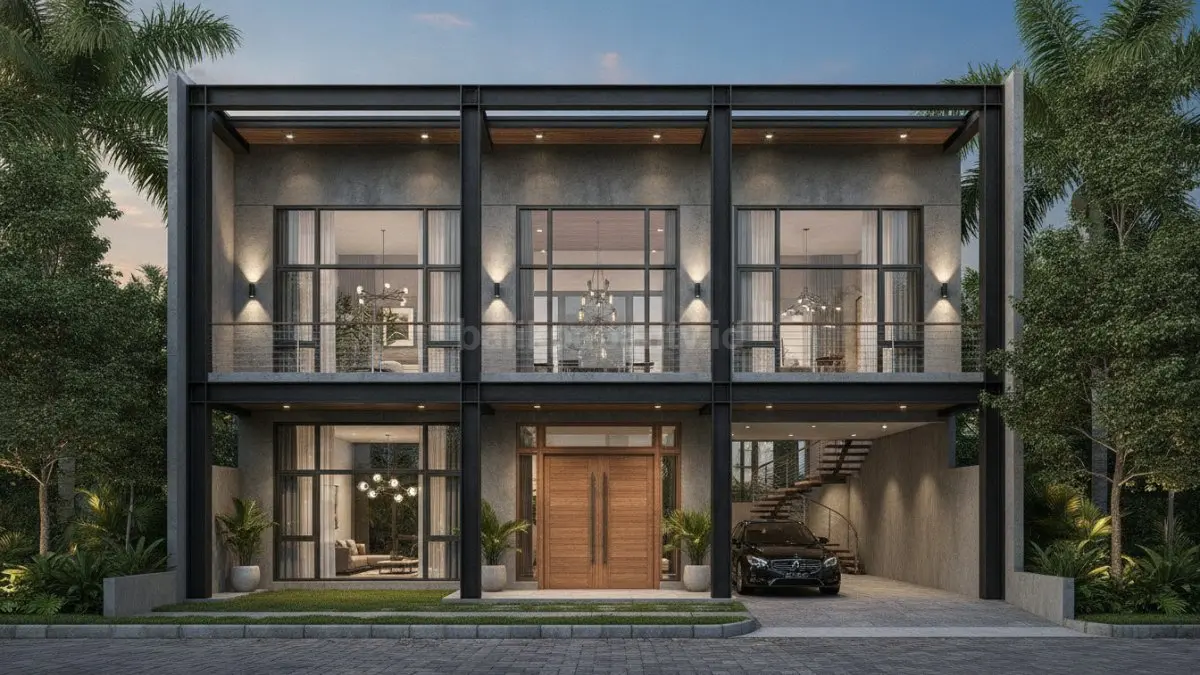 Rumah 3 lantai industrial urban dengan beton ekspos, baja modern, dan sirkulasi udara terbuka. (BTV/AI)
