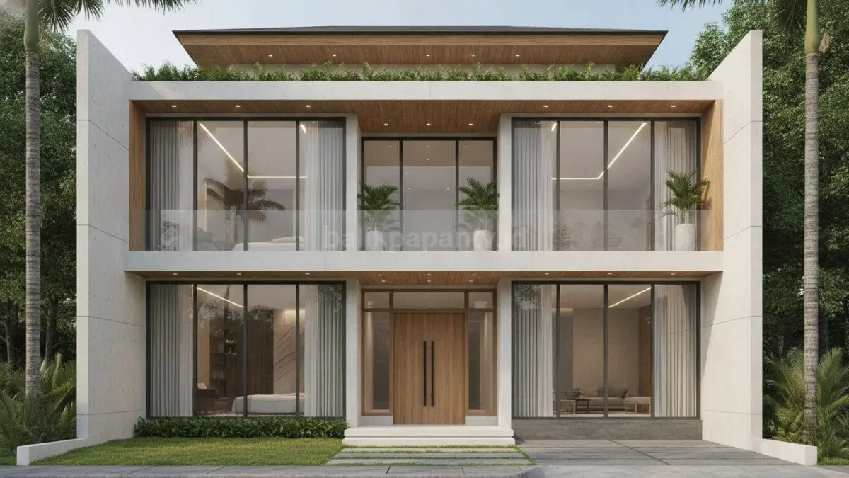 Rumah 3 lantai minimalis modern dengan fasad bersih, jendela besar, dan pencahayaan alami maksimal. (BTV/AI)

