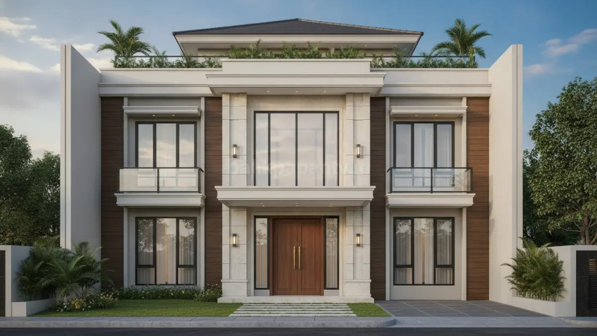 Rumah 3 lantai modern klasik dengan fasad elegan, proporsi simetris, dan nuansa mewah. (BTV/AI)
