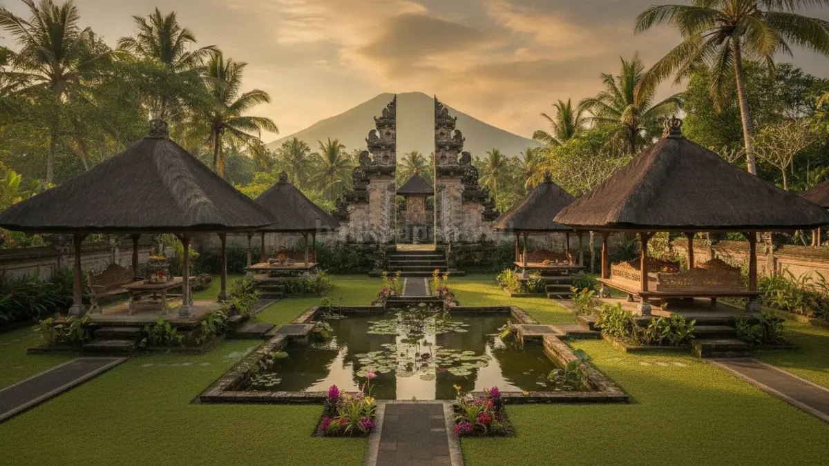 Rumah Bali klasik dengan filosofi Tri Hita Karana, tata ruang harmonis, dan nilai spiritual. (BTV/AI)
