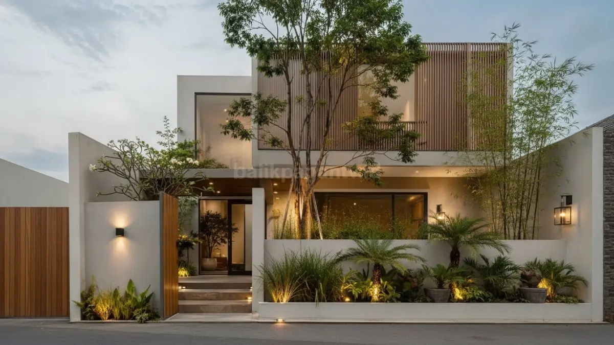 Rumah minimalis modern dengan fasad tegas dan taman kecil yang membuat hunian terasa nyaman. (BTV/Ai)