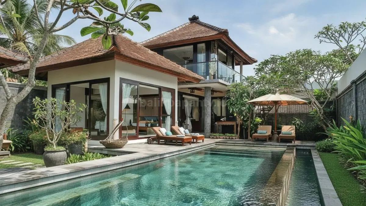 Rumah Tropical Bali modern dengan ruang terbuka, taman tropis, dan ventilasi alami. (BTV/AI)