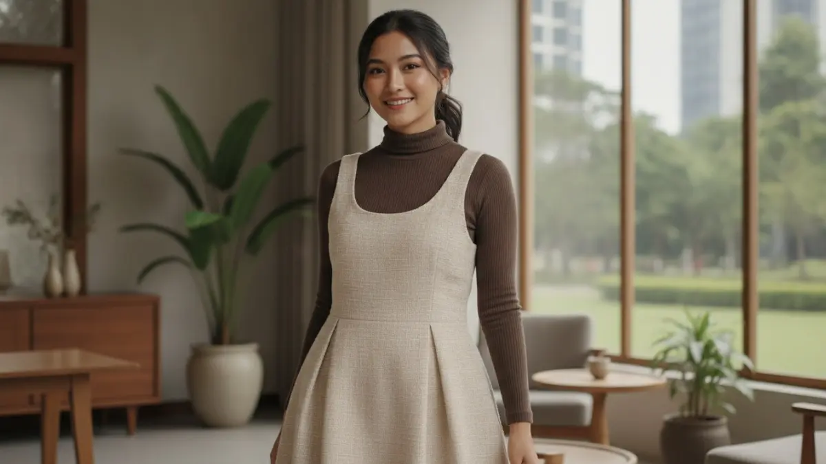 Salopette rok A-line dengan turtleneck slim fit menciptakan tampilan rapi, seimbang, elegan, dan nyaman untuk acara semi-formal. (BTV/AI)
