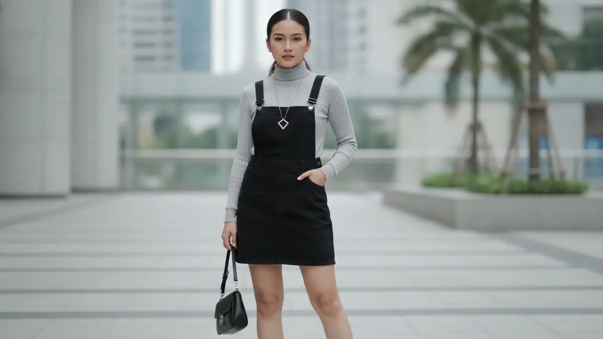 Salopette rok dengan turtleneck tipis dalam gaya urban modern yang rapi dan minimalis. (BTV/AI)