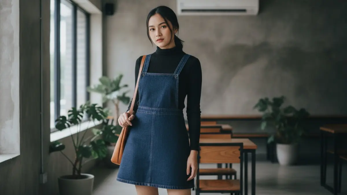 Salopette rok denim dipadukan turtleneck hitam menghadirkan gaya urban minimalis, ramping, elegan, dan nyaman dikenakan sehari-hari. (BTV/AI)
