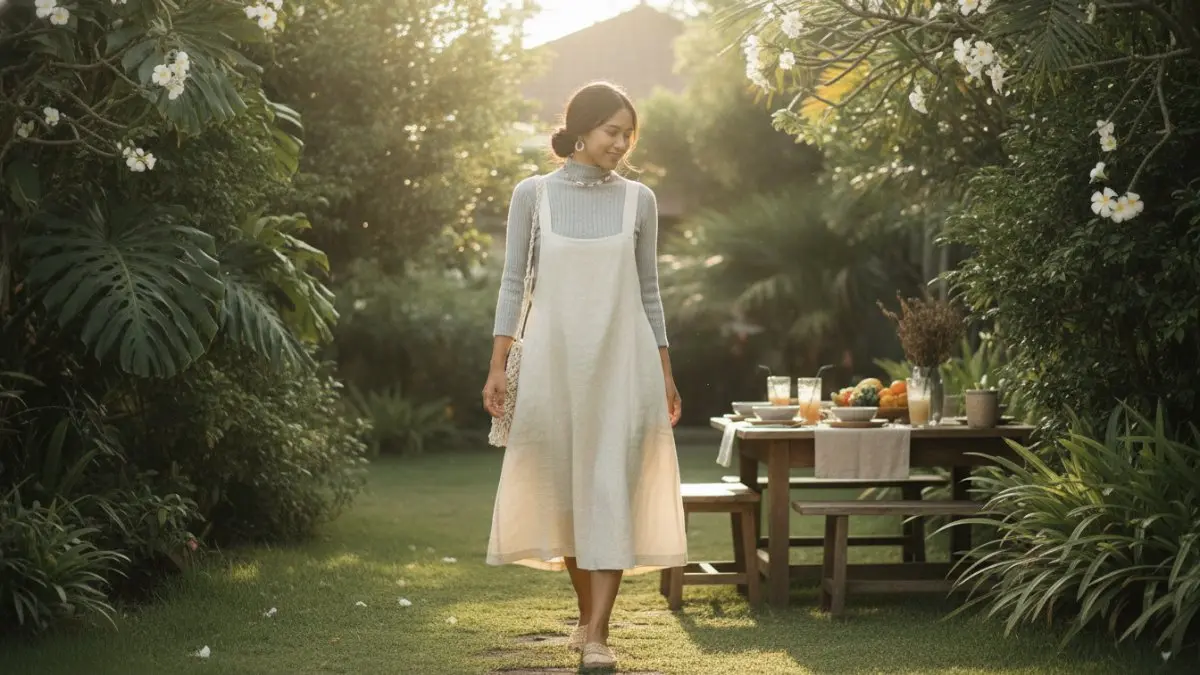 Salopette rok linen dengan turtleneck netral menghadirkan gaya lembut, natural, nyaman, dan elegan untuk aktivitas santai sehari-hari. (BTV/AI)
