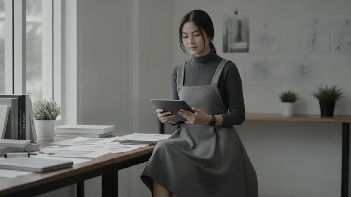 Salopette rok monokrom dengan turtleneck gelap menghadirkan tampilan elegan, harmonis, modern, dan fokus visual yang kuat. (BTV/AI)
