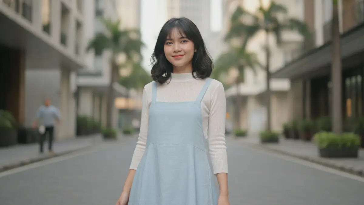 Salopette rok pastel dipadukan turtleneck putih tipis menghadirkan gaya bersih, lembut, segar, dan elegan untuk siang hari. (BTV/AI)
