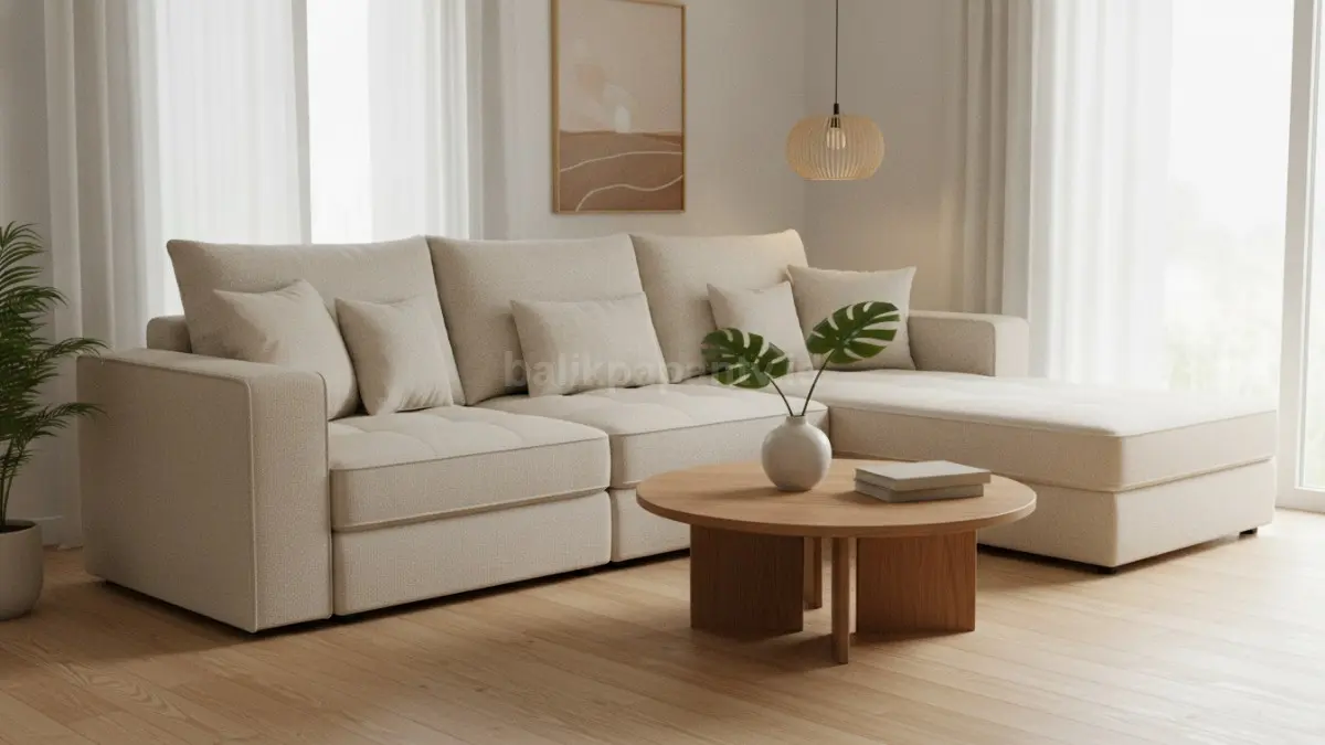Sofa estetik warna beige menghadirkan suasana hangat pada ruang tamu minimalis modern (BTV/Ai)