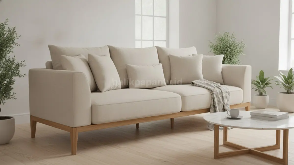 Sofa kaki kayu terbuka menciptakan kesan lapang, ringan, dan modern pada ruang minimalis (BTV/Ai)
