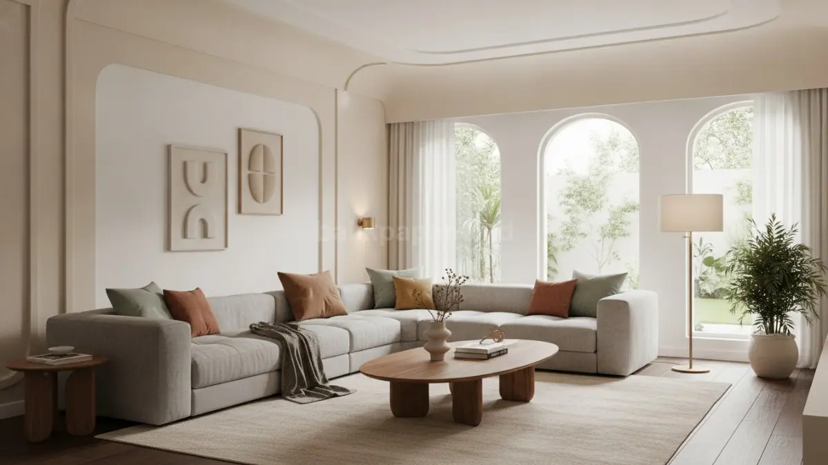 Soft curve moulding menghadirkan desain lengkung yang lembut, menciptakan suasana hangat, nyaman, dan tidak kaku pada ruang tamu. (BTV/Ai)

