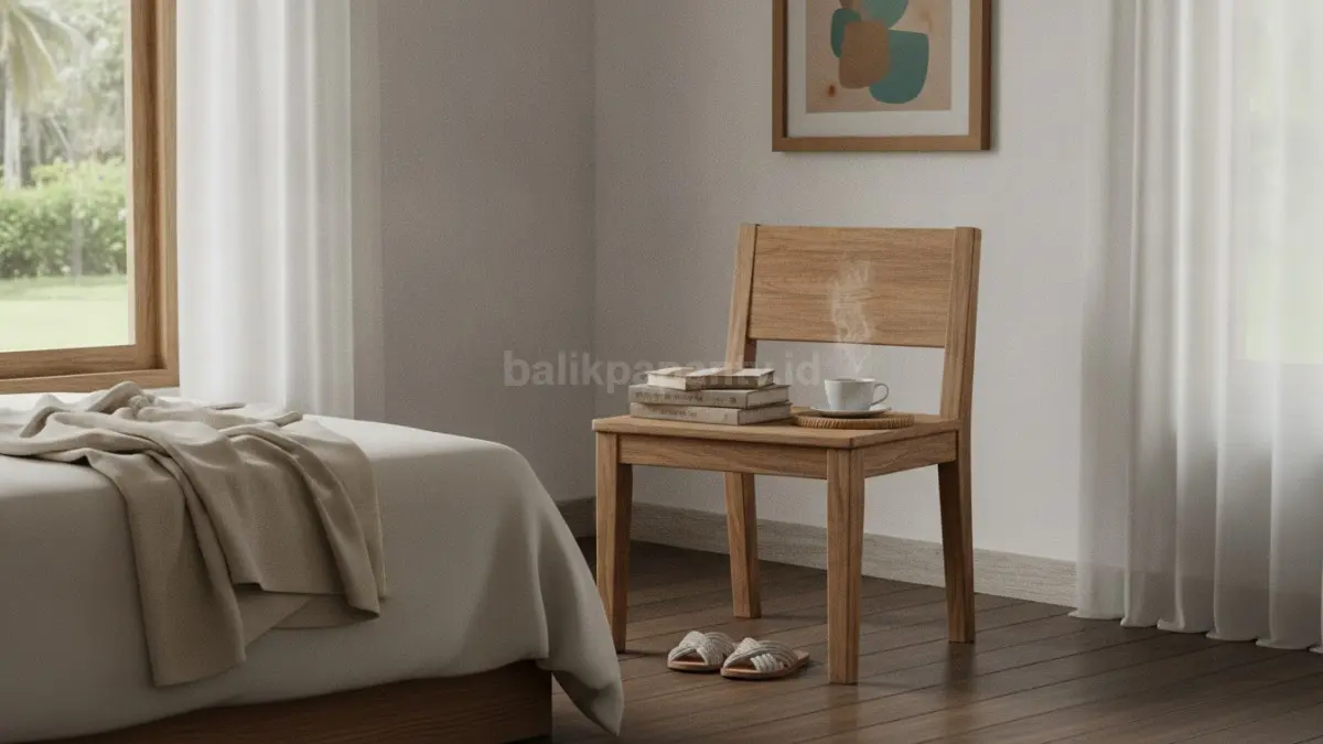 Stool dekoratif dekat tempat tidur membantu penyimpanan sementara sekaligus menjaga kerapian kamar tidur.  (BTV/AI)