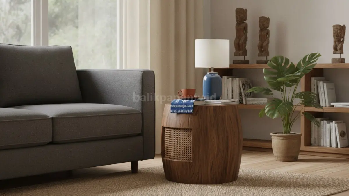 Stool di samping sofa menghadirkan permukaan praktis untuk buku, minuman, lampu, sekaligus dekorasi ruang.  (BTV/AI)