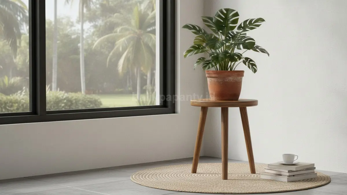 Stool elevasi tanaman indoor menciptakan fokus visual menarik sekaligus memperkaya dimensi ruangan rumah.  (BTV/AI)