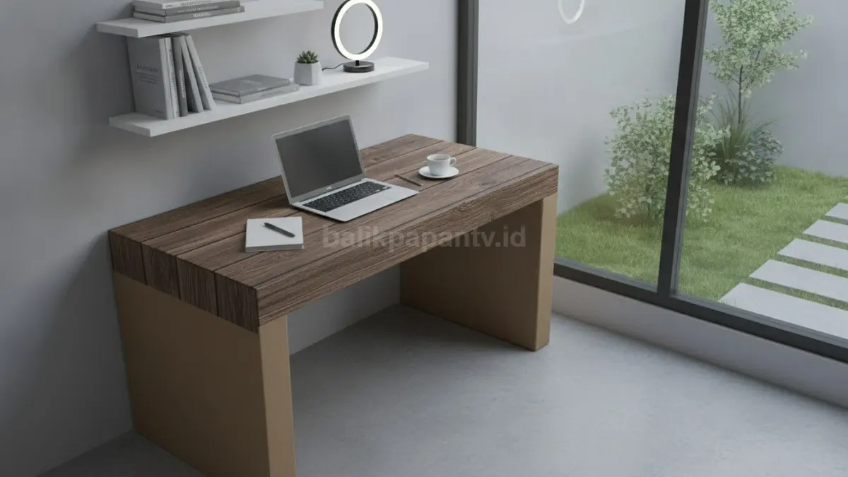 Sudut belajar rapi menggunakan meja kardus dengan pelapis motif kayu yang menarik.
