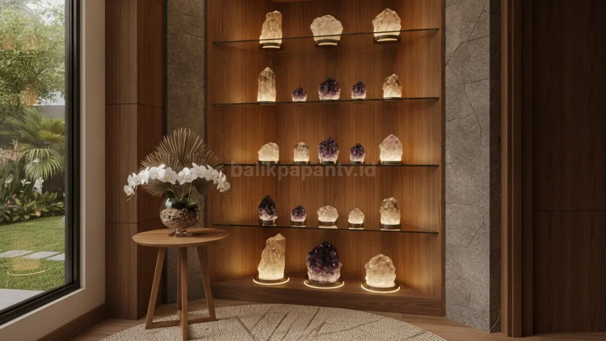 Sudut rumah modern dengan Crystal Decor Corner bercahaya hangat dan kristal dekoratif  (BTV/AI)