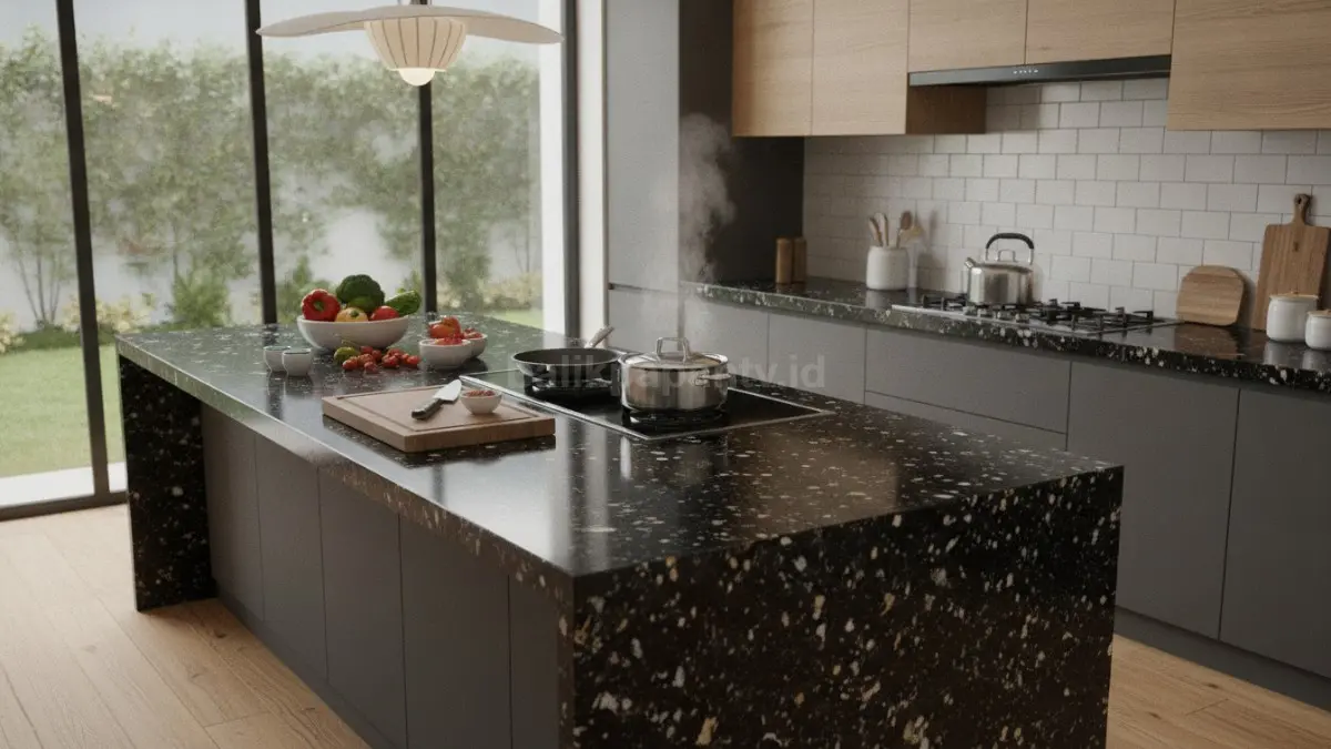 Table top granit solid menawarkan daya tahan tinggi, tahan panas, dan mudah dibersihkan untuk dapur modern yang aktif. (BTV/Ai)
