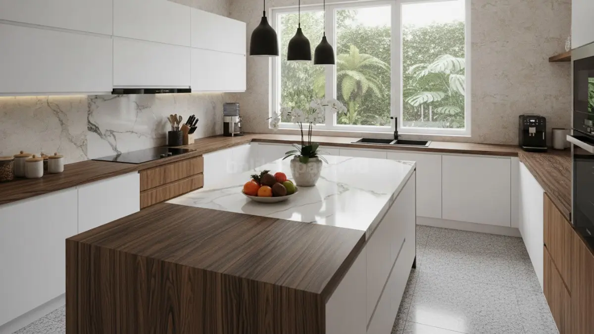 Table top HPL menjadi pilihan ekonomis dengan motif realistis yang tetap memberikan kesan modern dan rapi pada dapur. (BTV/Ai)
