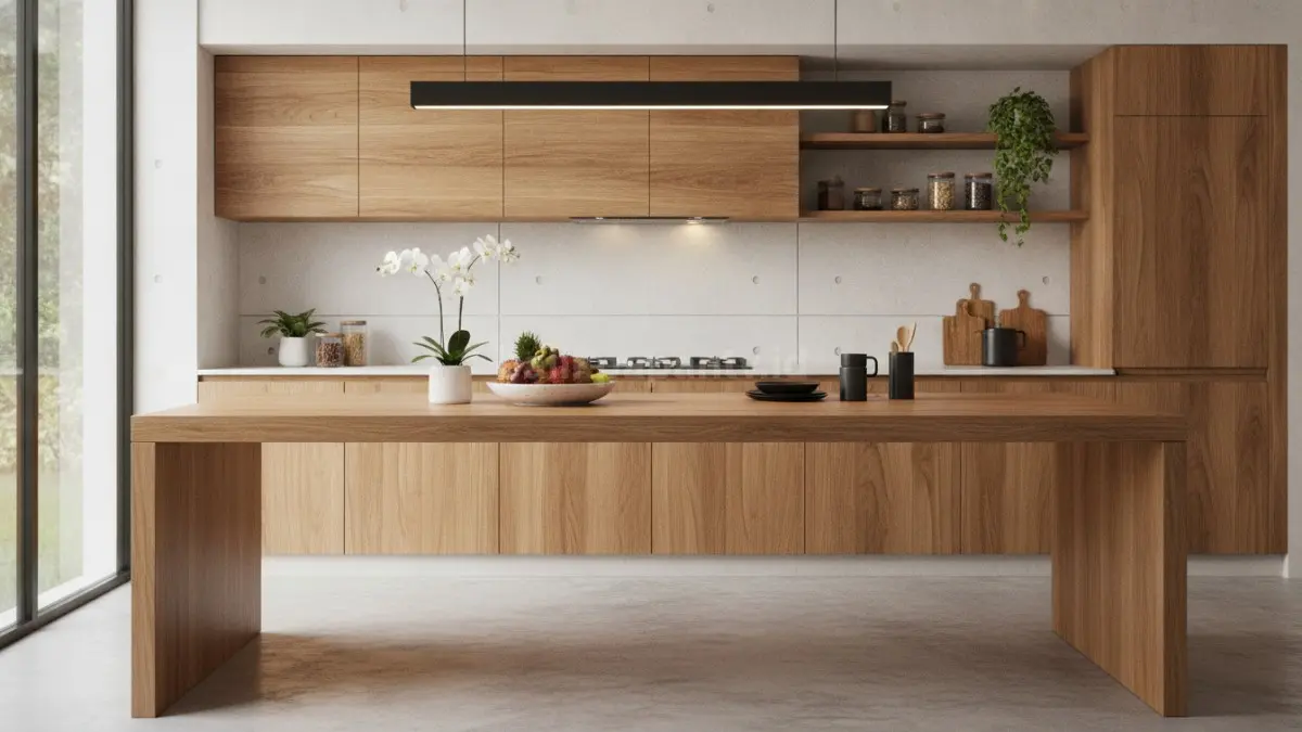 Table top kayu olahan premium menghadirkan nuansa hangat alami yang memperkuat karakter dapur modern minimalis. (BTV/Ai)
