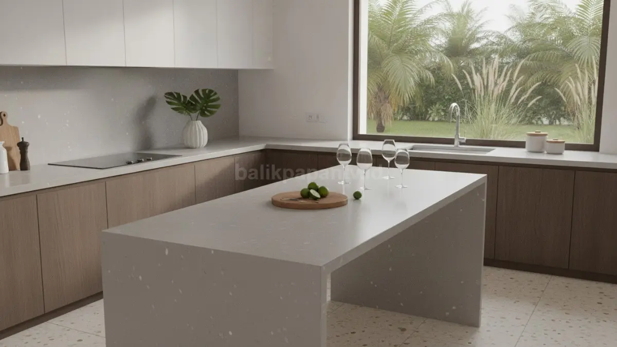 Table top quartz engineered menghadirkan permukaan halus, tampilan modern, dan estetika minimalis yang rapi untuk dapur. (BTV/Ai)
