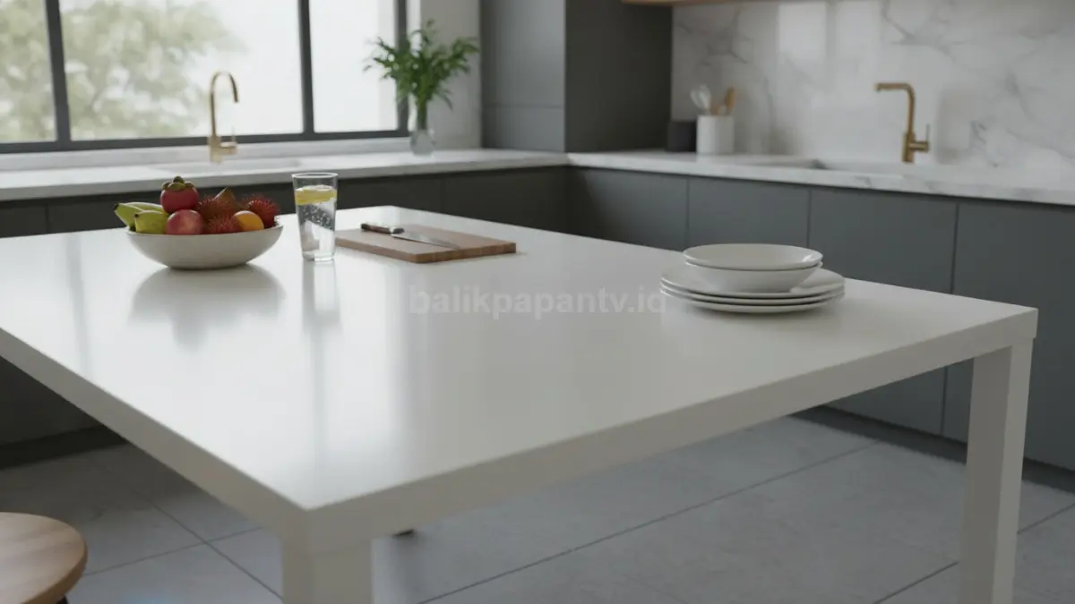 Table top solid surface menghadirkan tampilan mulus tanpa sambungan dengan kesan modern premium dan mudah dirawat. (BTV/Ai)
