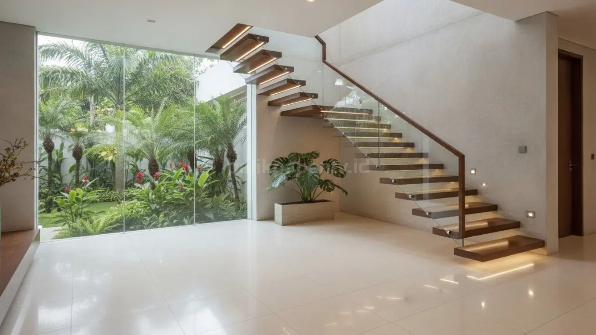Tangga cantilever modern menciptakan kesan melayang, ringan, rapi, dan memperluas tampilan ruang rumah.  (BTV/AI)