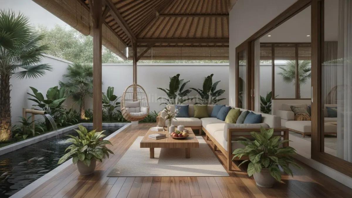 Teras semi outdoor bergaya Bali modern sebagai ruang santai keluarga yang fungsional.
