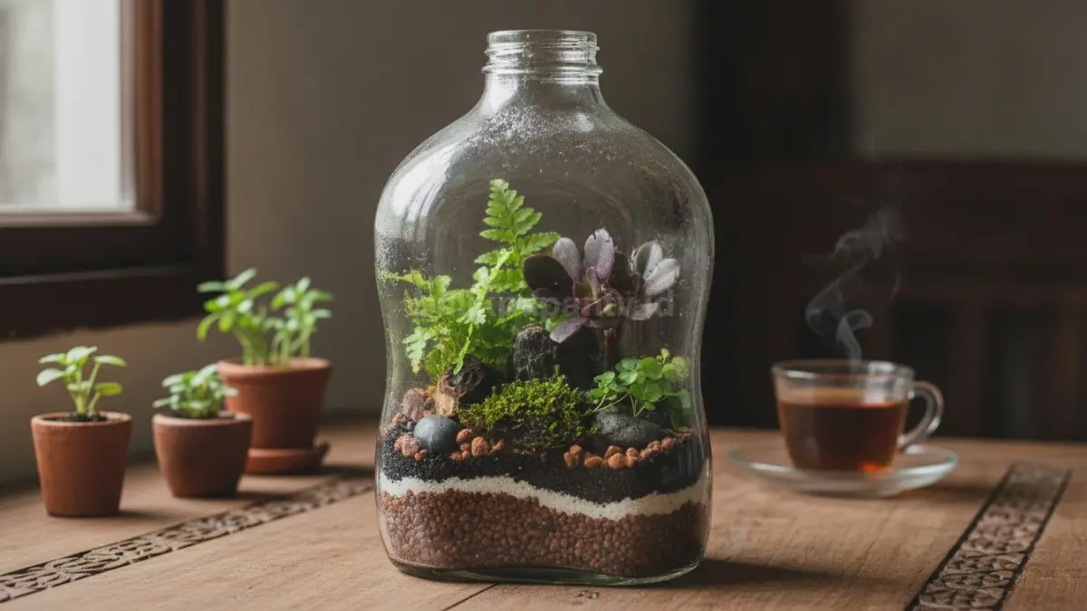 Terrarium botol kaca bekas menghadirkan dekorasi hijau unik dari bahan sederhana yang mudah dibuat (BTV/Ai)

