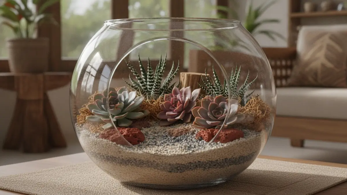 Terrarium sukulen terbuka membantu sirkulasi udara optimal dan menjaga media tanam tetap seimbang (BTV/Ai)
