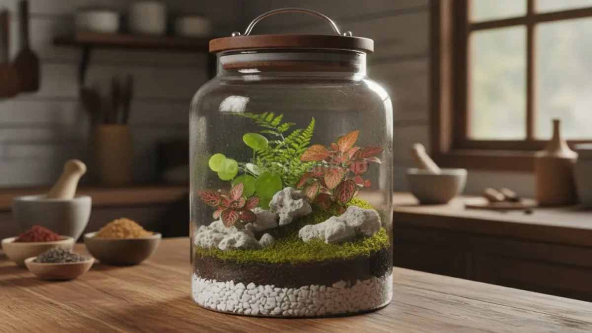 Terrarium toples kaca memudahkan penataan tanaman kecil, lumut, dan batu koral dekoratif menarik (BTV/Ai)
