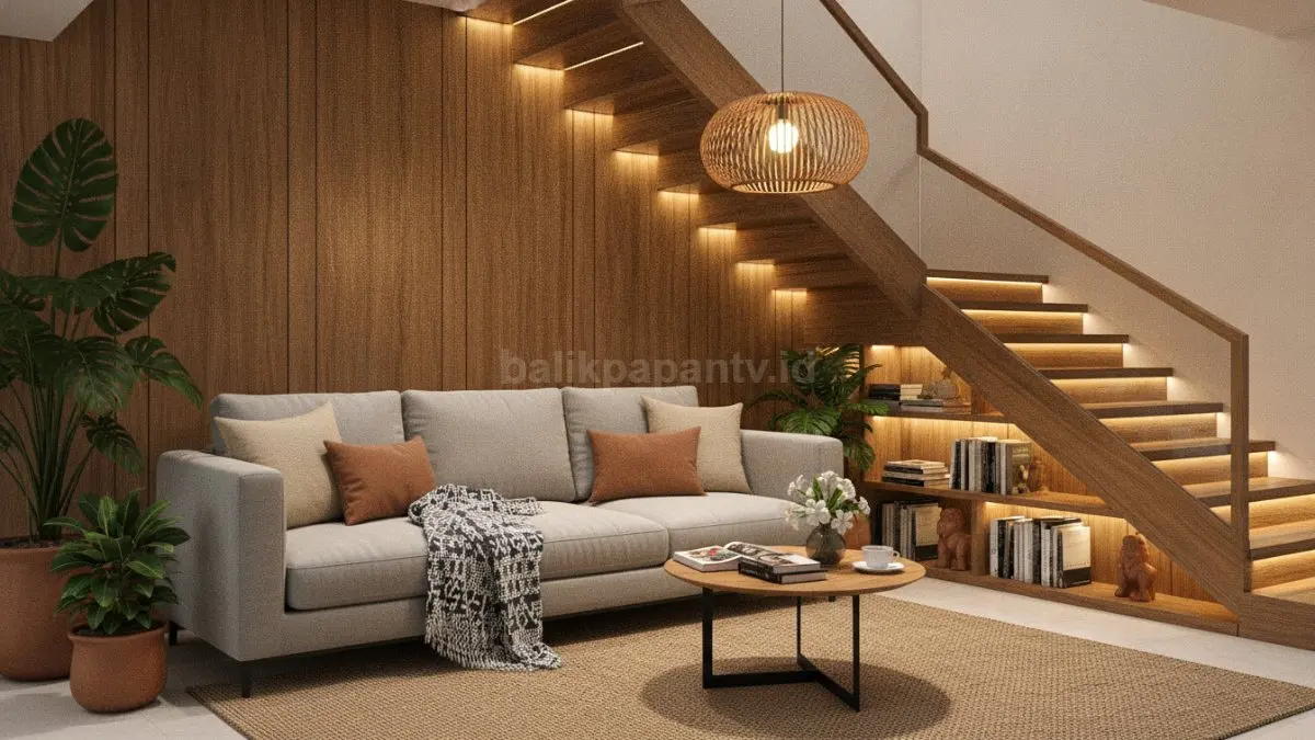 Under Stairs Lounge modern dengan sofa minimalis dan pencahayaan hangat  (BTV/AI)
