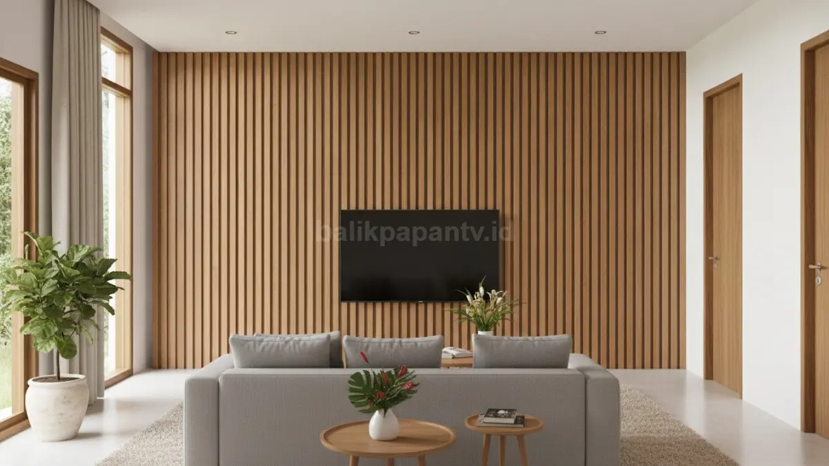 Wall panel bilah kayu vertikal menciptakan ilusi ruang lebih tinggi dan terasa lapang alami (BTV/Ai)
