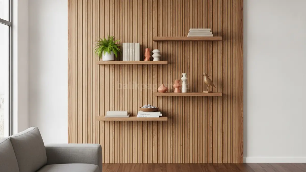 Wall panel dengan rak dekoratif multifungsi membantu menata buku dan pajangan lebih rapi menarik (BTV/Ai)
