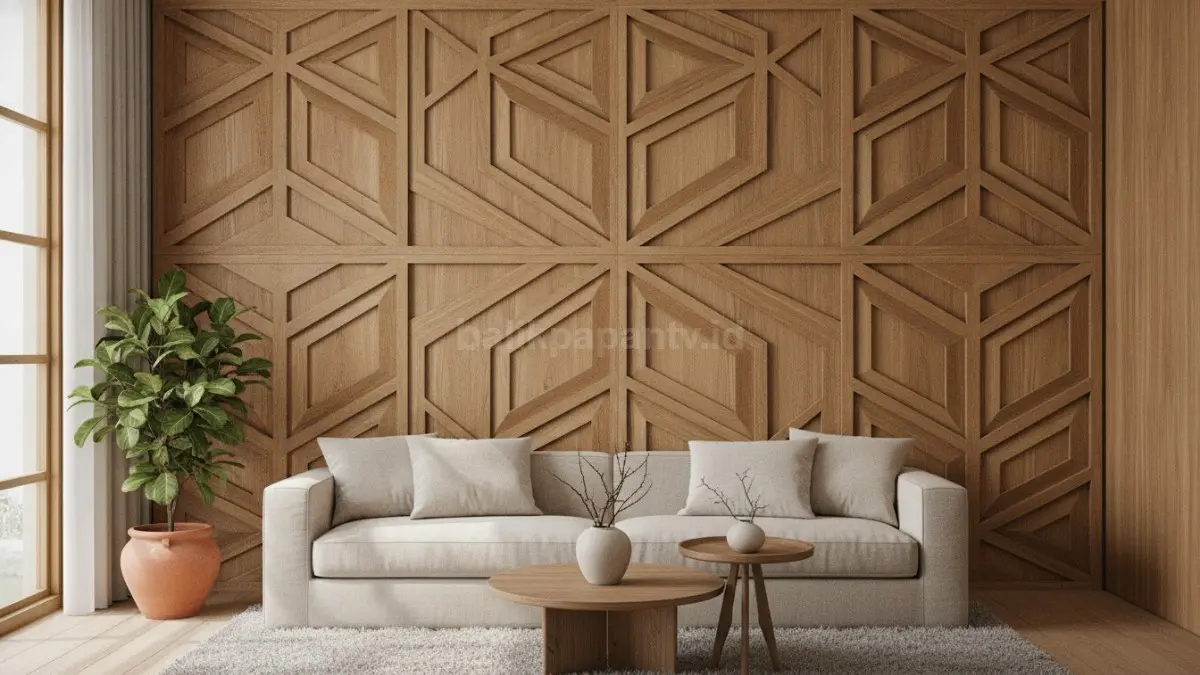 Wall panel geometris simetris menghadirkan fokus visual kuat membuat ruang tamu tampil modern elegan (BTV/Ai)
