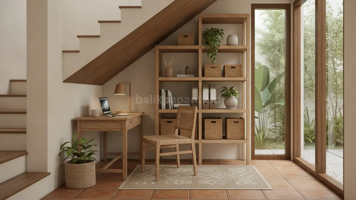 Workspace compact dengan meja kecil di sudut tangga dan rak penyimpanan menciptakan area kerja rapi dan efisien di rumah modern.  (BTV/AI)