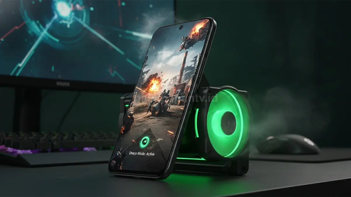 Infinix GT50 Pro dengan cooler fan aktif saat menjalankan game berat dan fitur Draco Mode. (BTV/Ai)