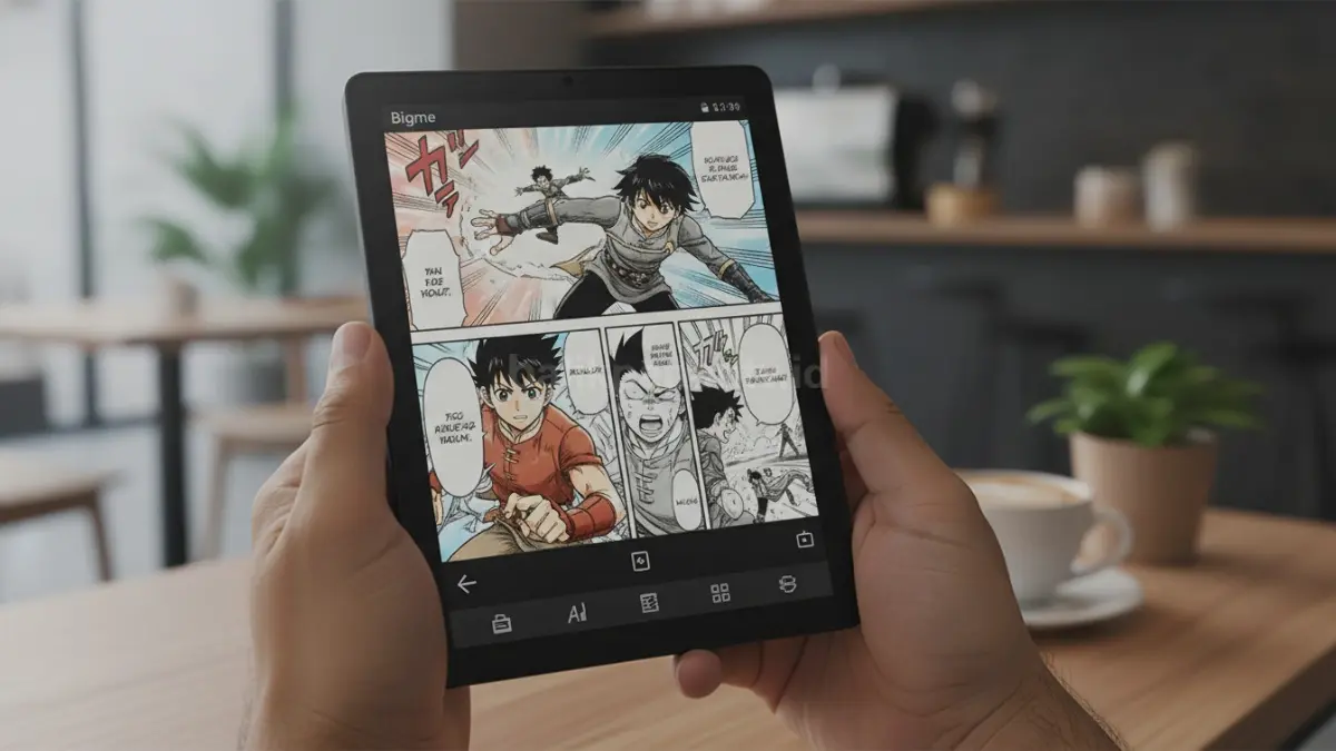 Bigme B6 Color menampilkan layar E-Ink berwarna saat digunakan membaca manga digital dengan nyaman. (BTV/Ai)
