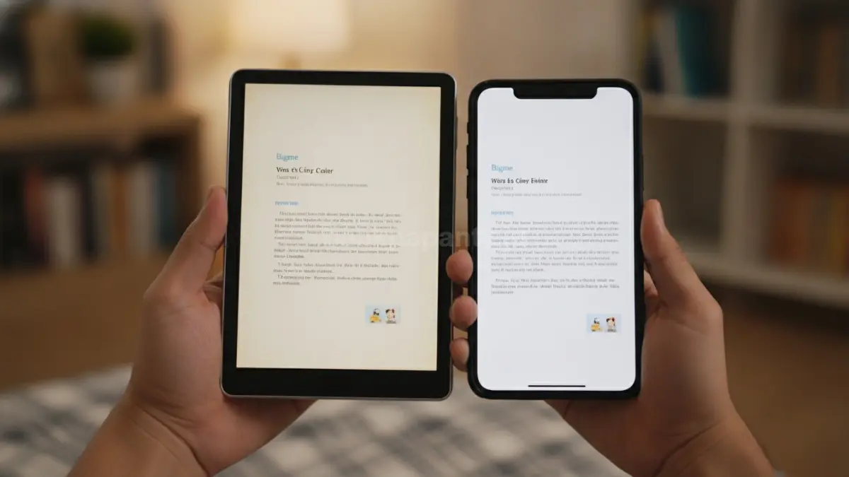 Perbandingan layar E-Ink Bigme B6 Color dengan layar smartphone saat digunakan membaca ebook. (BTV/Ai)