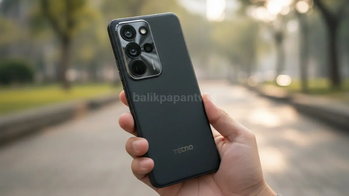 Tampilan desain belakang Tecno Camon 50 Pro 5G dengan modul kamera premium dan warna Moonlight Shadow Black. (BTV/Ai)