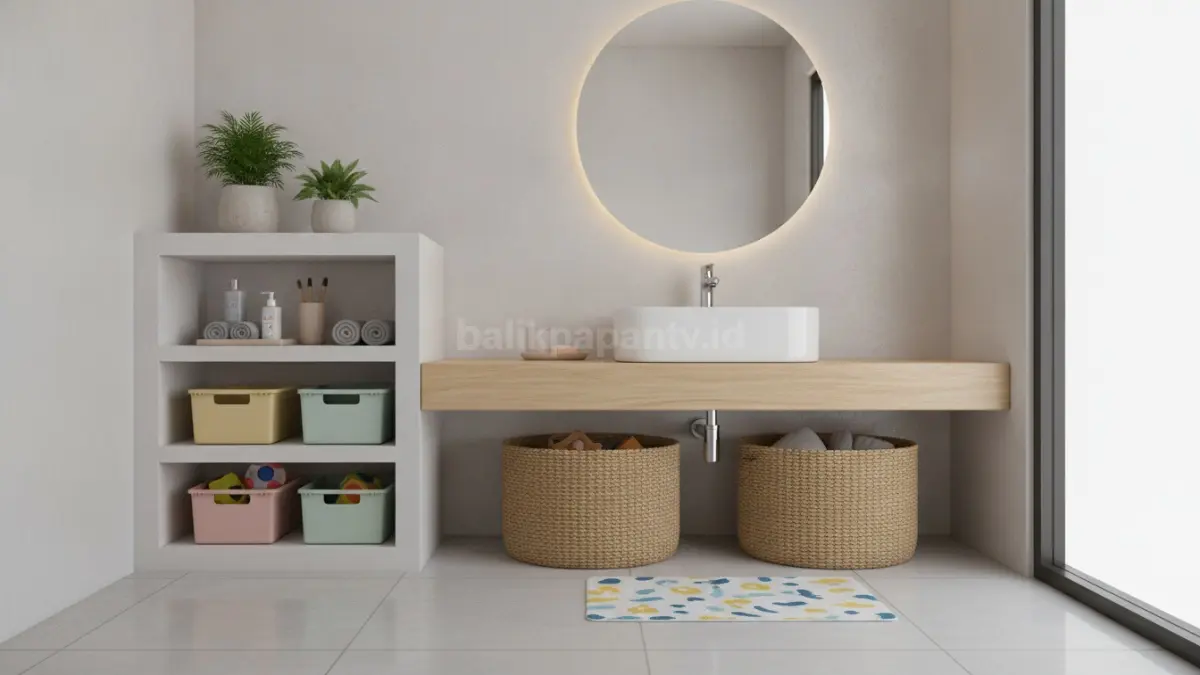 Area wastafel ramah anak dengan penyimpanan praktis dan desain minimalis.
