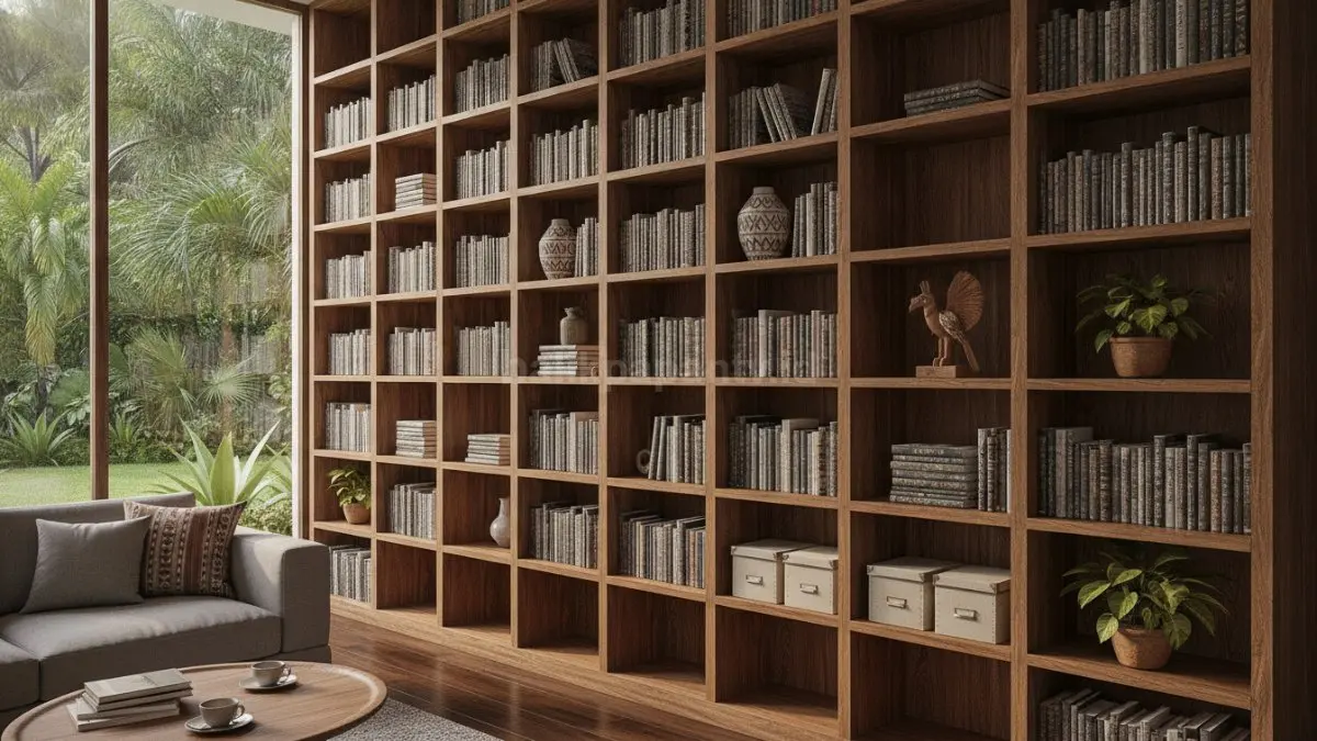 Built-in shelving lantai hingga plafon memaksimalkan ruang vertikal, kapasitas besar, cocok buku, arsip, dekorasi modern.  (BTV/AI)
