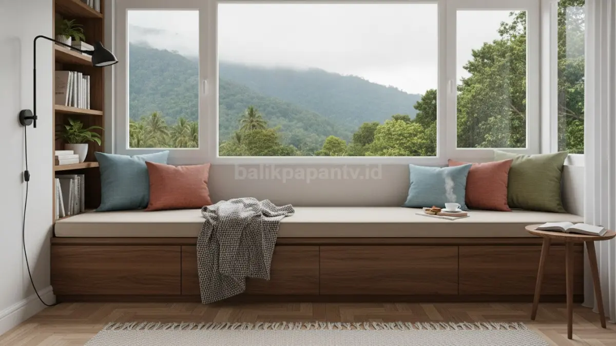 Built-In Window Bench di kamar tidur menciptakan sudut santai untuk membaca atau bekerja.  (BTV/AI)