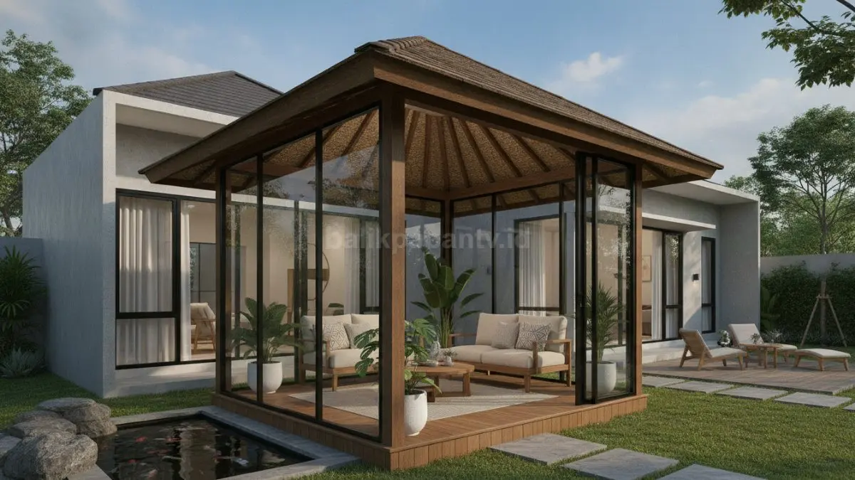 Gazebo Semi Indoor Outdoor dengan dinding kaca untuk perlindungan hujan dan pencahayaan alami (BTV/Ai)
