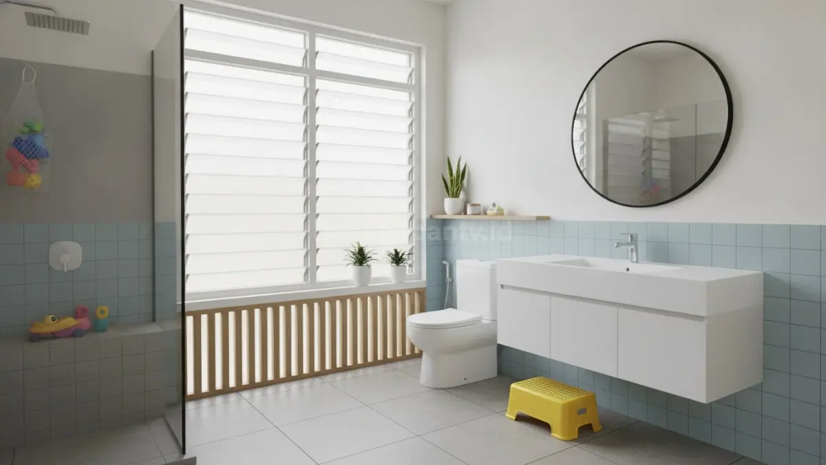 Kamar mandi anak dengan ventilasi optimal dan lantai anti-slip untuk keamanan harian.
