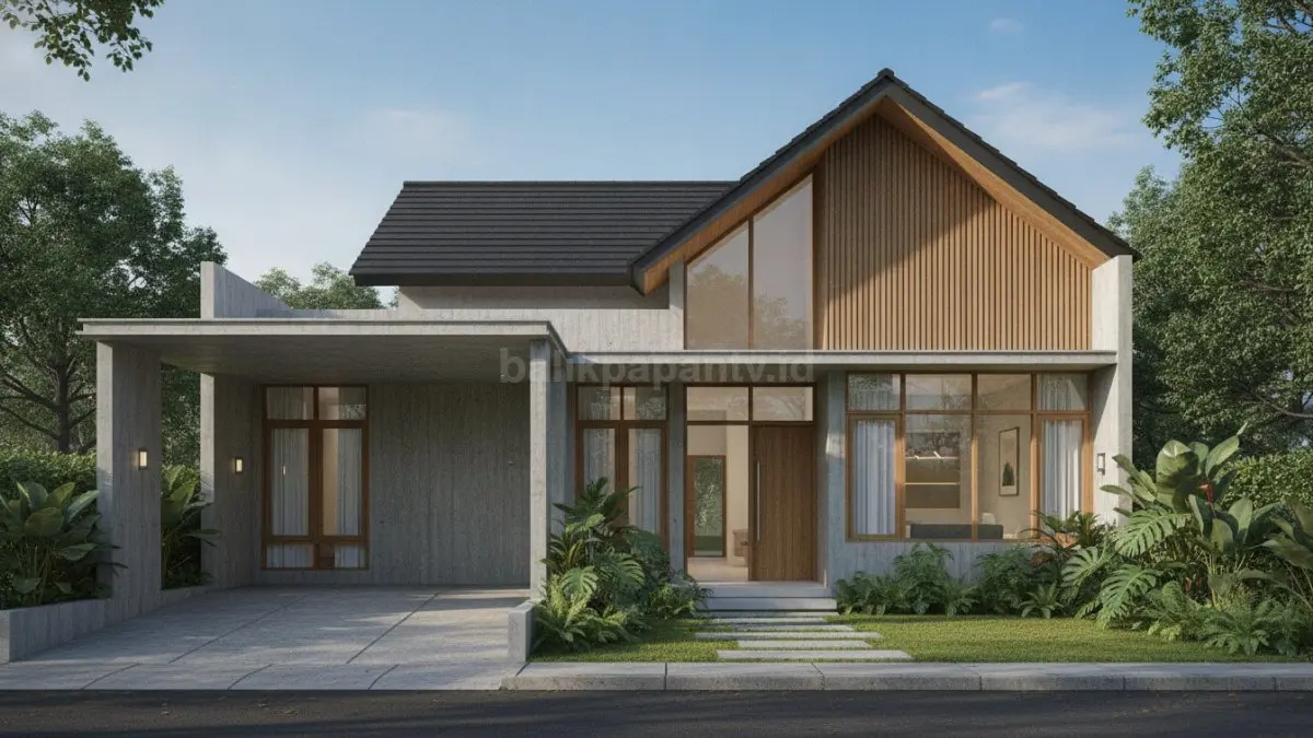Kombinasi atap pelana dan datar menciptakan tampilan rumah yang modern, dinamis, dan tetap fungsional. (BTV/AI)
