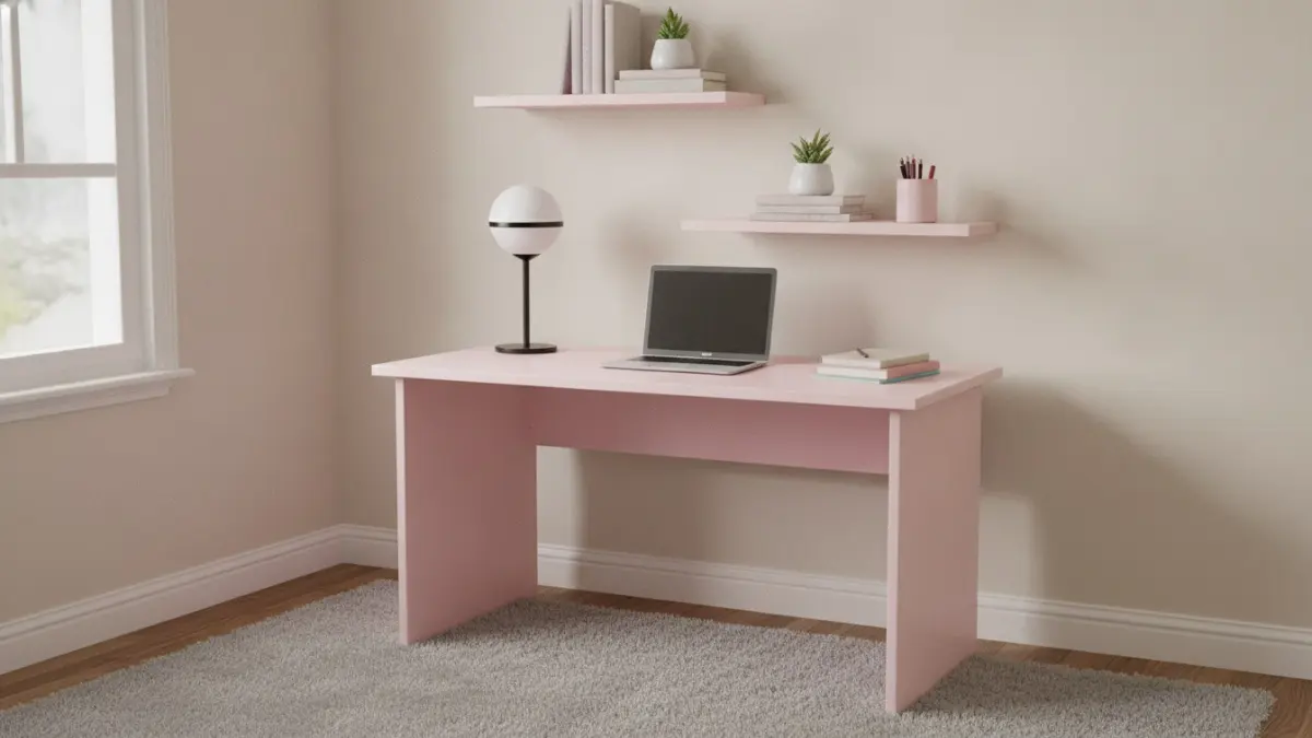 Meja belajar pastel pink dengan rak floating, hemat ruang, rapi, dan nyaman digunakan. (BTV/AI)
