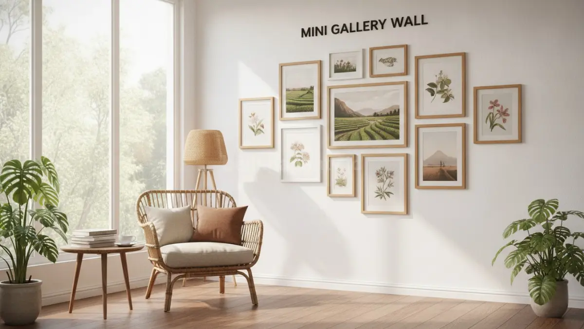 Mini gallery wall dengan susunan bingkai beragam menciptakan fokus visual menarik pada dinding rumah (BTV/Ai)
